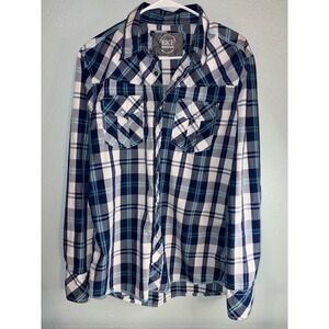 BKE Mens Blue Plaid Long Sleeve Pearl Snap Western Shirt Standard Fit Large